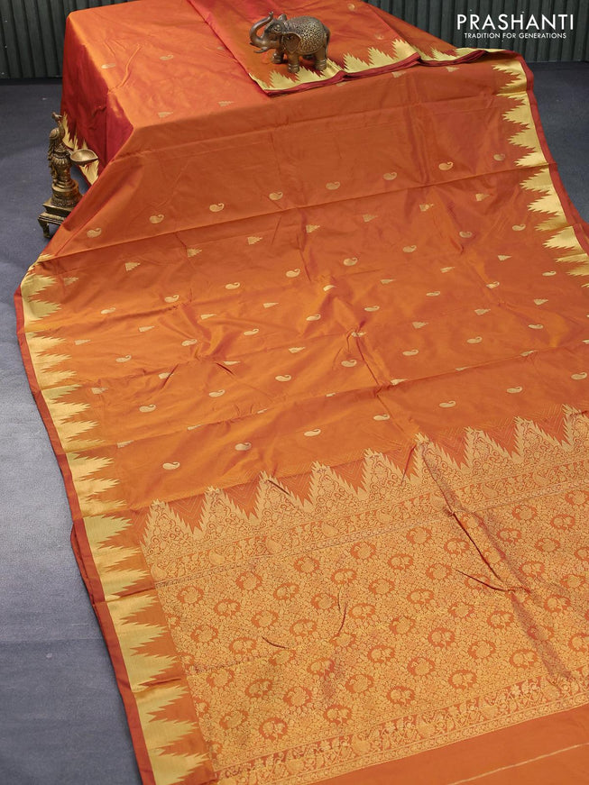 Kanjivaram silk saree dual shade of mustard with temple & paisley zari woven buttas and temple design zari woven border