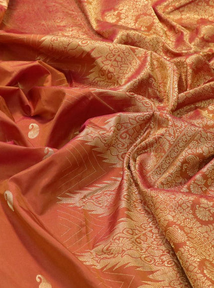 Kanjivaram silk saree dual shade of mustard with temple & paisley zari woven buttas and temple design zari woven border