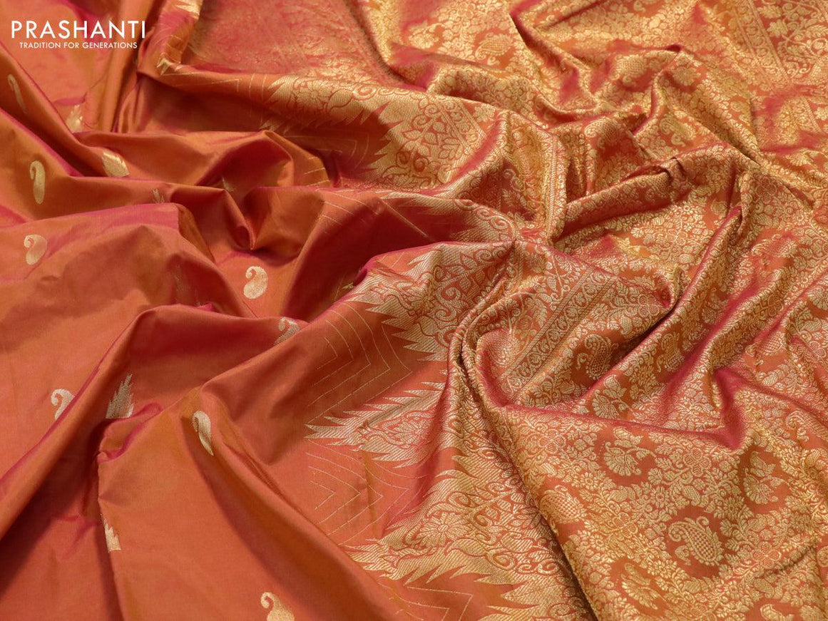 Kanjivaram silk saree dual shade of mustard with temple & paisley zari woven buttas and temple design zari woven border