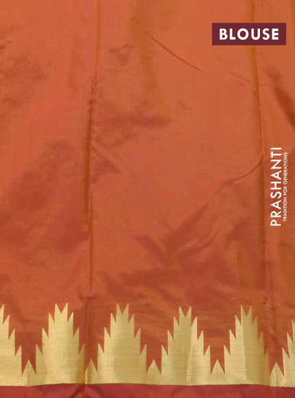 Kanjivaram silk saree dual shade of mustard with temple & paisley zari woven buttas and temple design zari woven border