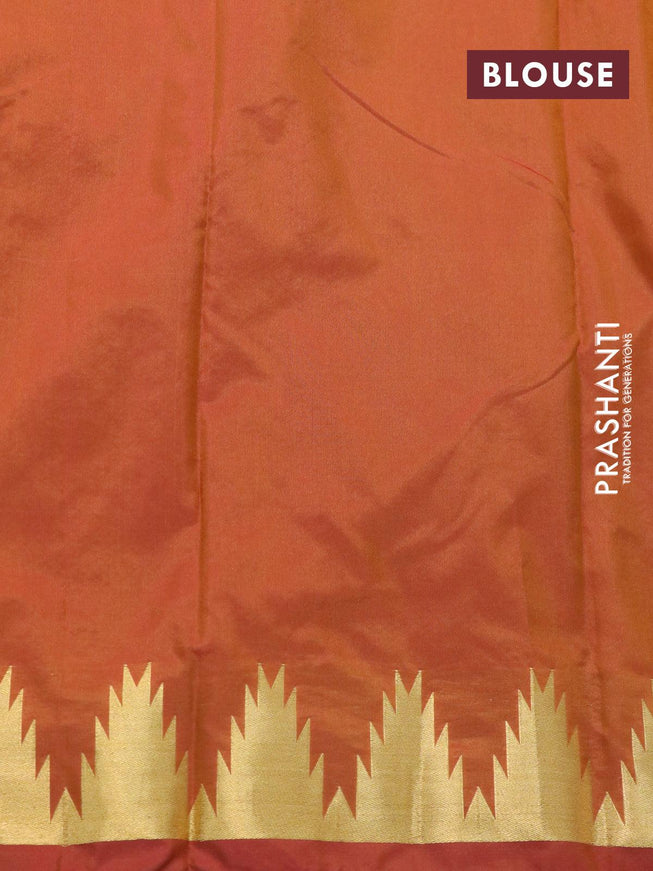 Kanjivaram silk saree dual shade of mustard with temple & paisley zari woven buttas and temple design zari woven border