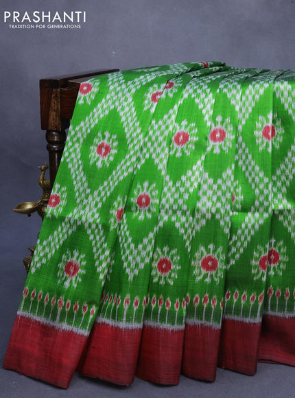 Sambalpuri ikat silk saree green and maroon with allover ikat butta weaves and simple border without blouse