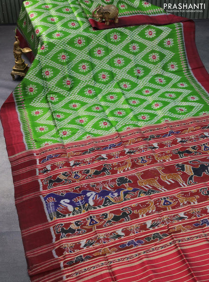 Sambalpuri ikat silk saree green and maroon with allover ikat butta weaves and simple border without blouse