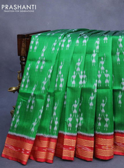 Sambalpuri ikat silk saree green and red with allover ikat butta weaves and thread woven ikat style border without blouse