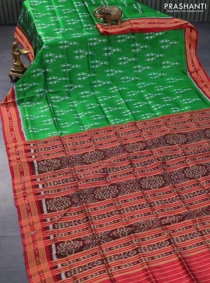 Sambalpuri ikat silk saree green and red with allover ikat butta weaves and thread woven ikat style border without blouse