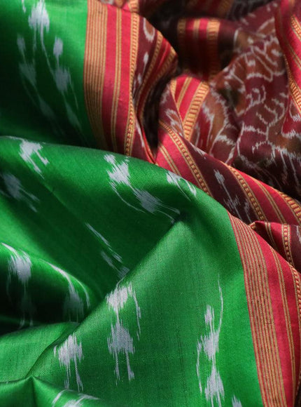 Sambalpuri ikat silk saree green and red with allover ikat butta weaves and thread woven ikat style border without blouse