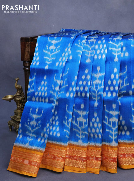 Sambalpuri ikat silk saree peacock blue and mustard yellow with allover ikat weaves and thread woven ikat style border without blouse