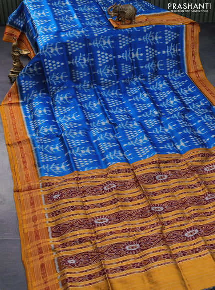 Sambalpuri ikat silk saree peacock blue and mustard yellow with allover ikat weaves and thread woven ikat style border without blouse