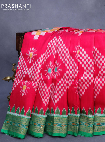 Sambalpuri ikat silk saree red and green with allover ikat weaves and thread woven ikat style border without blouse