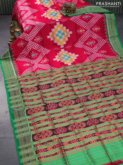 Sambalpuri ikat silk saree red and green with allover ikat weaves and thread woven ikat style border without blouse