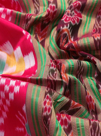 Sambalpuri ikat silk saree red and green with allover ikat weaves and thread woven ikat style border without blouse