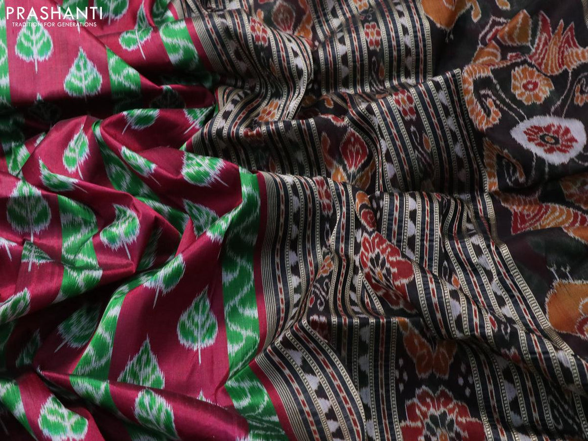 Sambalpuri ikat silk saree maroon and black with allover ikat weaves and thread woven ikat style border without blouse