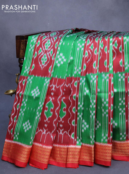 Sambalpuri ikat silk saree green and maroon with allover ikat weaves and thread woven border without blouse