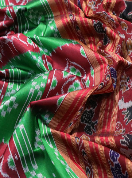 Sambalpuri ikat silk saree green and maroon with allover ikat weaves and thread woven border without blouse