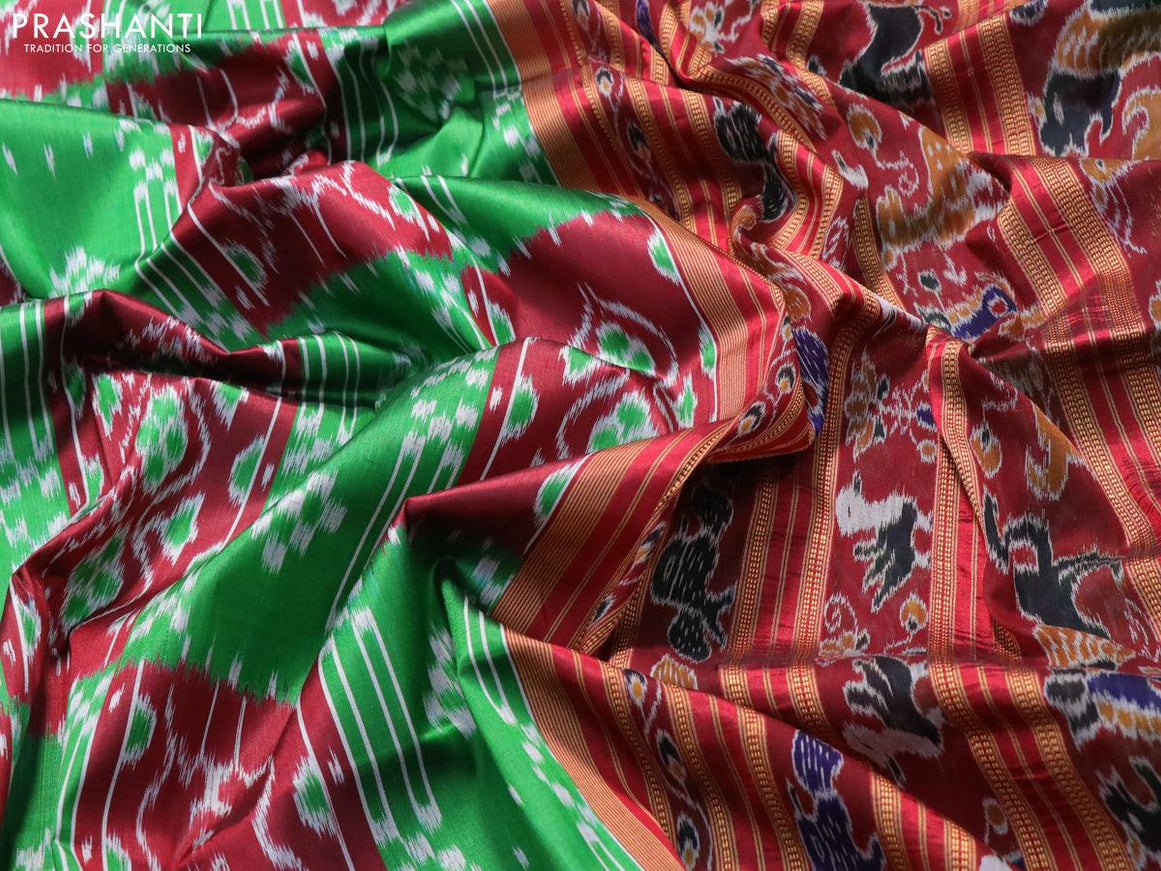 Sambalpuri ikat silk saree green and maroon with allover ikat weaves and thread woven border without blouse