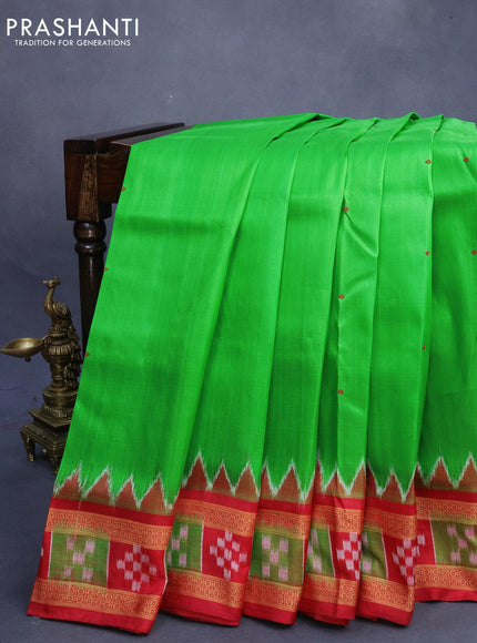 Sambalpuri ikat silk saree parrot green and red with thread woven buttas and thread woven ikat style border without blouse