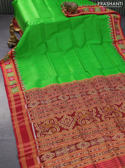 Sambalpuri ikat silk saree parrot green and red with thread woven buttas and thread woven ikat style border without blouse