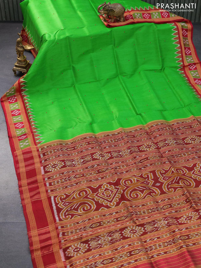 Sambalpuri ikat silk saree parrot green and red with thread woven buttas and thread woven ikat style border without blouse