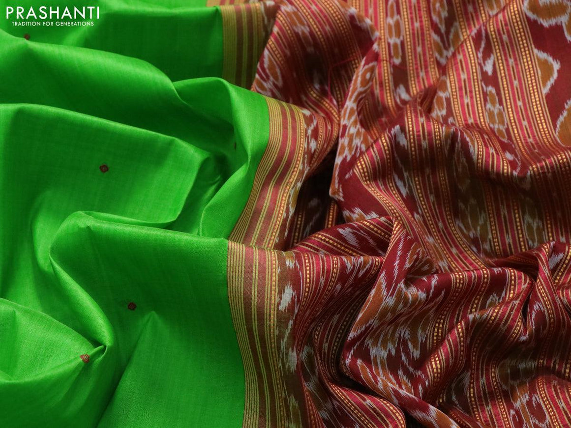 Sambalpuri ikat silk saree parrot green and red with thread woven buttas and thread woven ikat style border without blouse