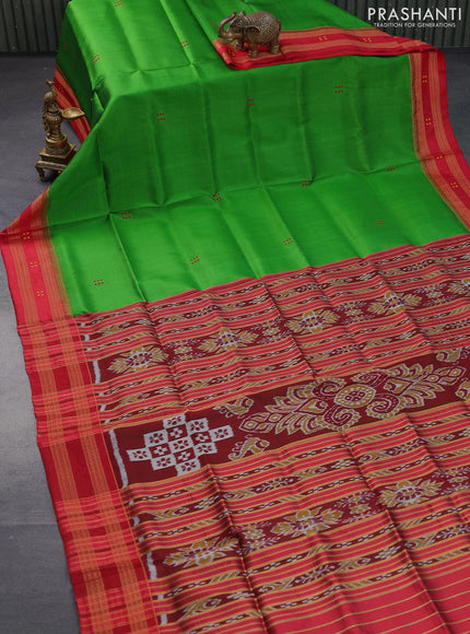 Sambalpuri ikat silk saree green and red with thread woven buttas and rettapet thread woven border without blouse