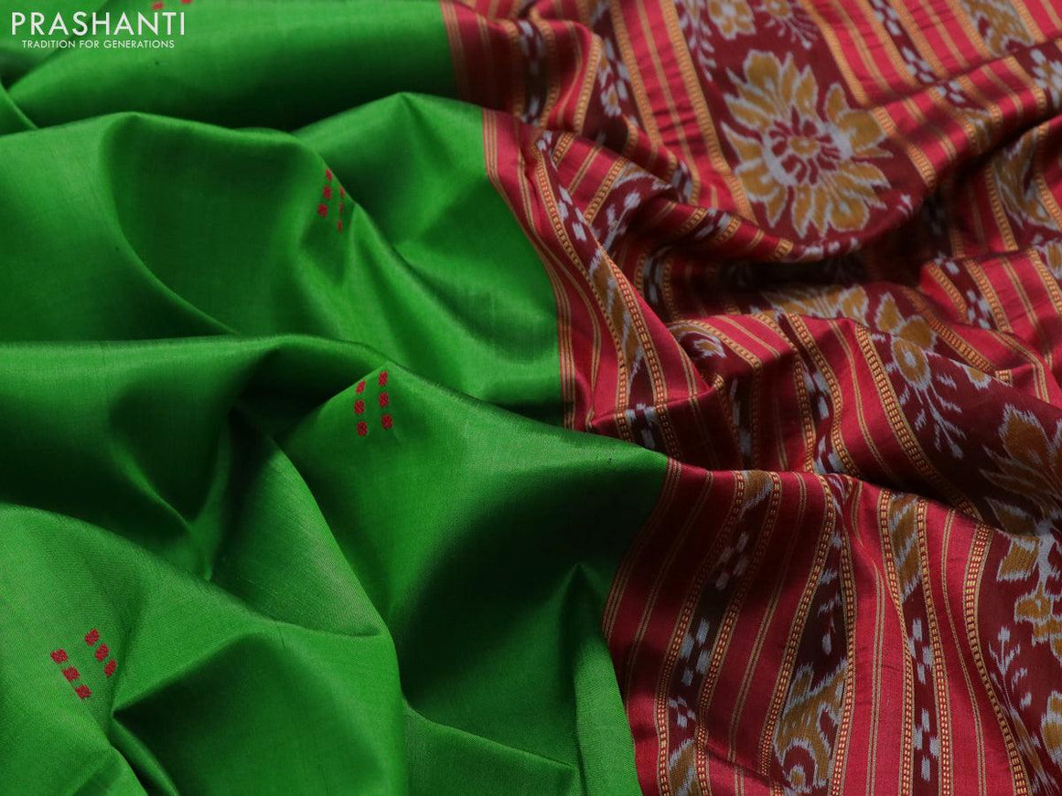 Sambalpuri ikat silk saree green and red with thread woven buttas and rettapet thread woven border without blouse