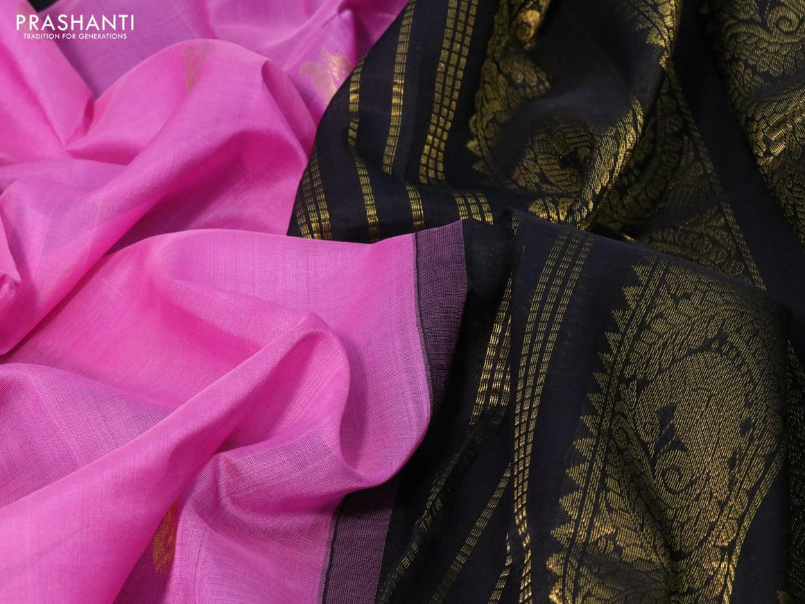 Silk cotton saree light pink and black with paecock zari woven buttas and peacock zari woven korvai border