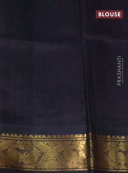 Silk cotton saree light pink and black with paecock zari woven buttas and peacock zari woven korvai border