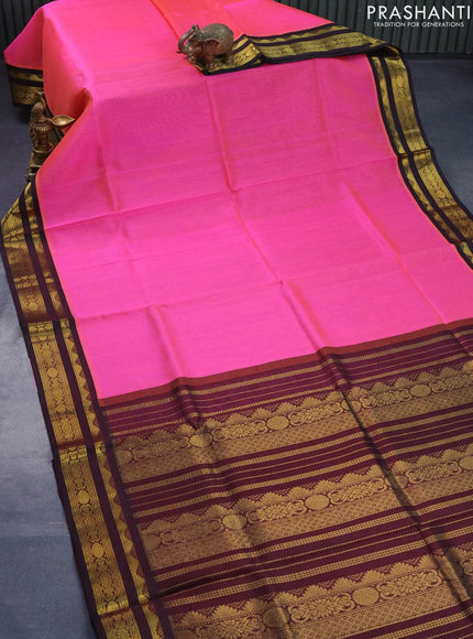 Silk cotton saree dual shade of candy pink and coffee brown with plain body and zari woven korvai border