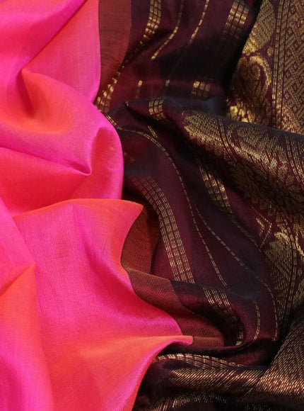 Silk cotton saree dual shade of candy pink and coffee brown with plain body and zari woven korvai border