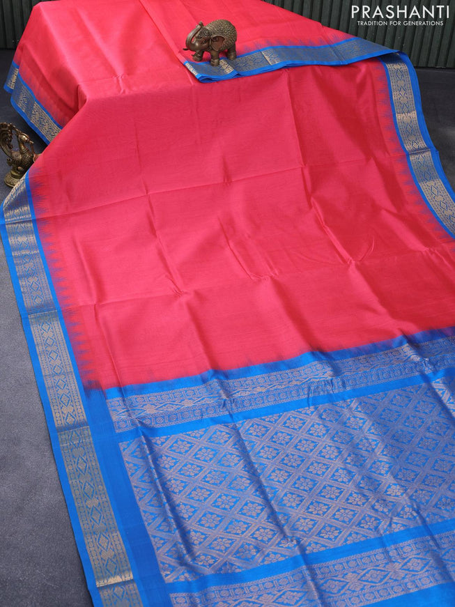 Silk cotton saree candy pink shade and cs blue with plain body and zari woven korvai border