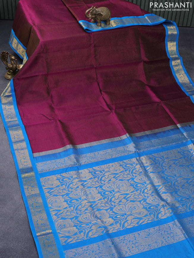 Silk cotton saree purple and cs blue with allover vairaosi pattern and zari woven korvai border