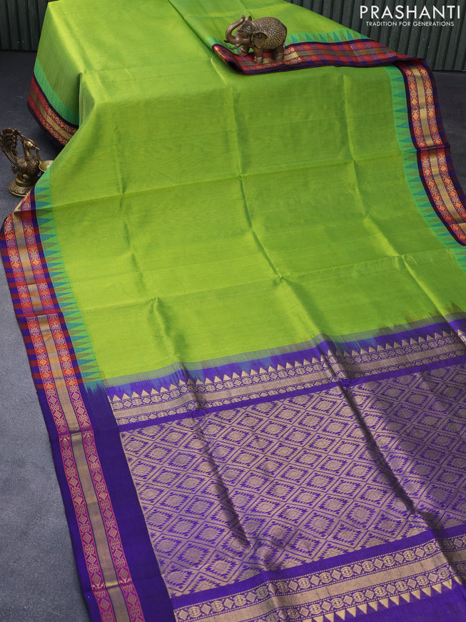 Silk cotton saree light green and blue with allover vairaosi pattern and temple design zari woven korvai border