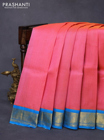 Silk cotton saree dual shade of candy pink and cs blue with allover vairaosi pattern and temple zari woven korvai border