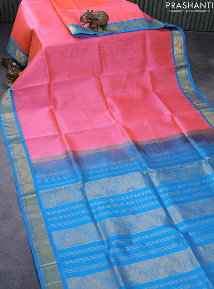 Silk cotton saree dual shade of candy pink and cs blue with allover vairaosi pattern and temple zari woven korvai border