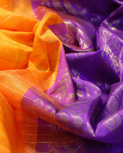 Kuppadam silk cotton saree orange and blue with allover zari checked pattern and temple design zari woven butta border