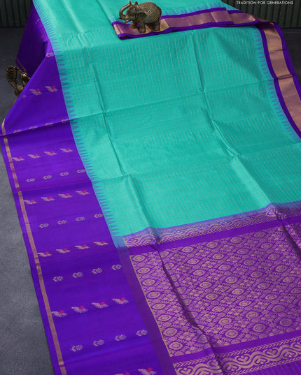 Kuppadam silk cotton saree teal blue and deep violet with allover zari checked pattern and temple design zari woven butta border