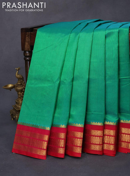 Kuppadam silk cotton saree green and pink with plain body and rudhraksha zari woven border