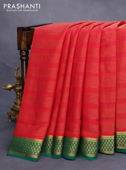 Mysore silk saree red and green with allover zari stripes pattern and zari woven border