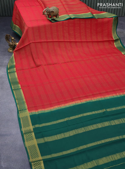 Mysore silk saree red and green with allover zari stripes pattern and zari woven border