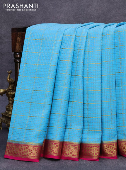 Mysore silk saree light blue and pink with allover zari checked pattern and zari woven border