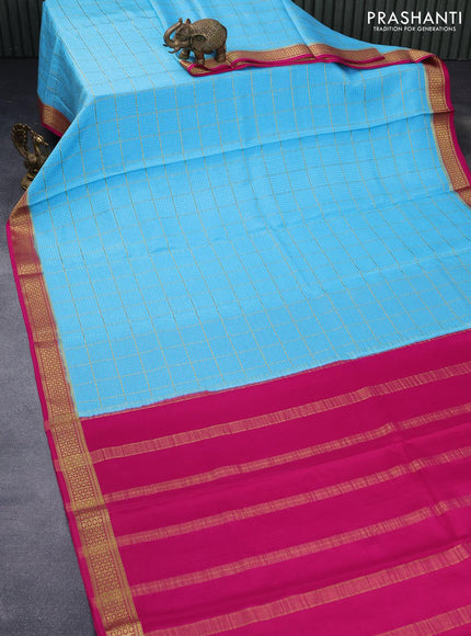 Mysore silk saree light blue and pink with allover zari checked pattern and zari woven border