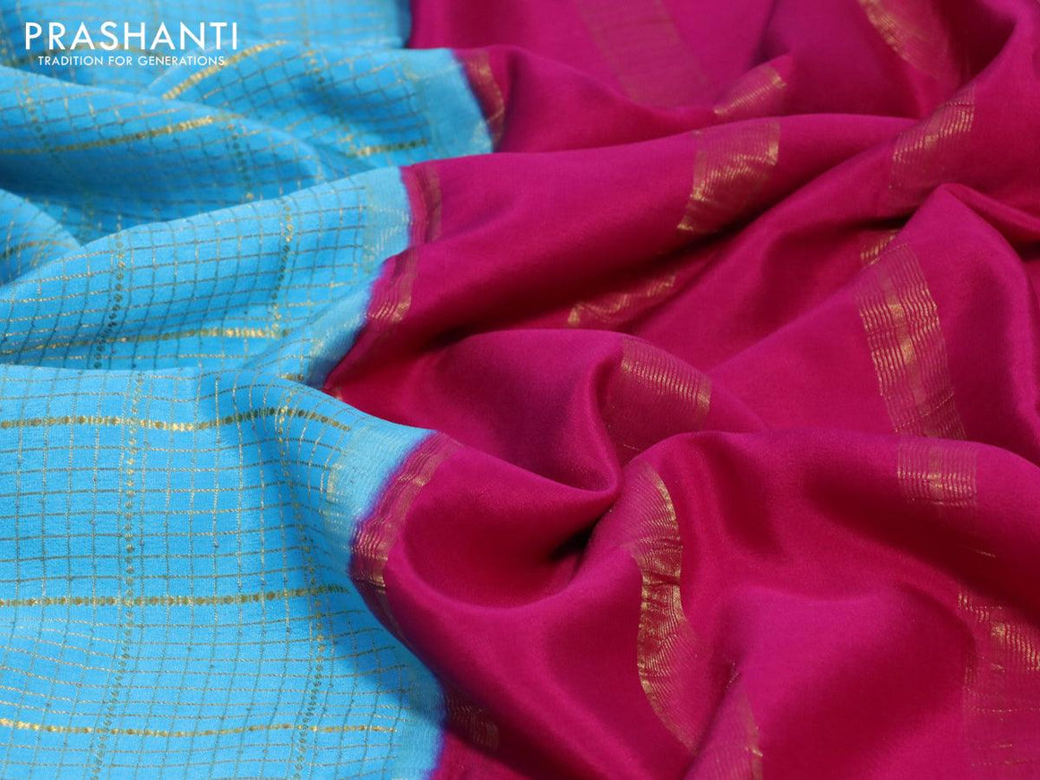 Mysore silk saree light blue and pink with allover zari checked pattern and zari woven border