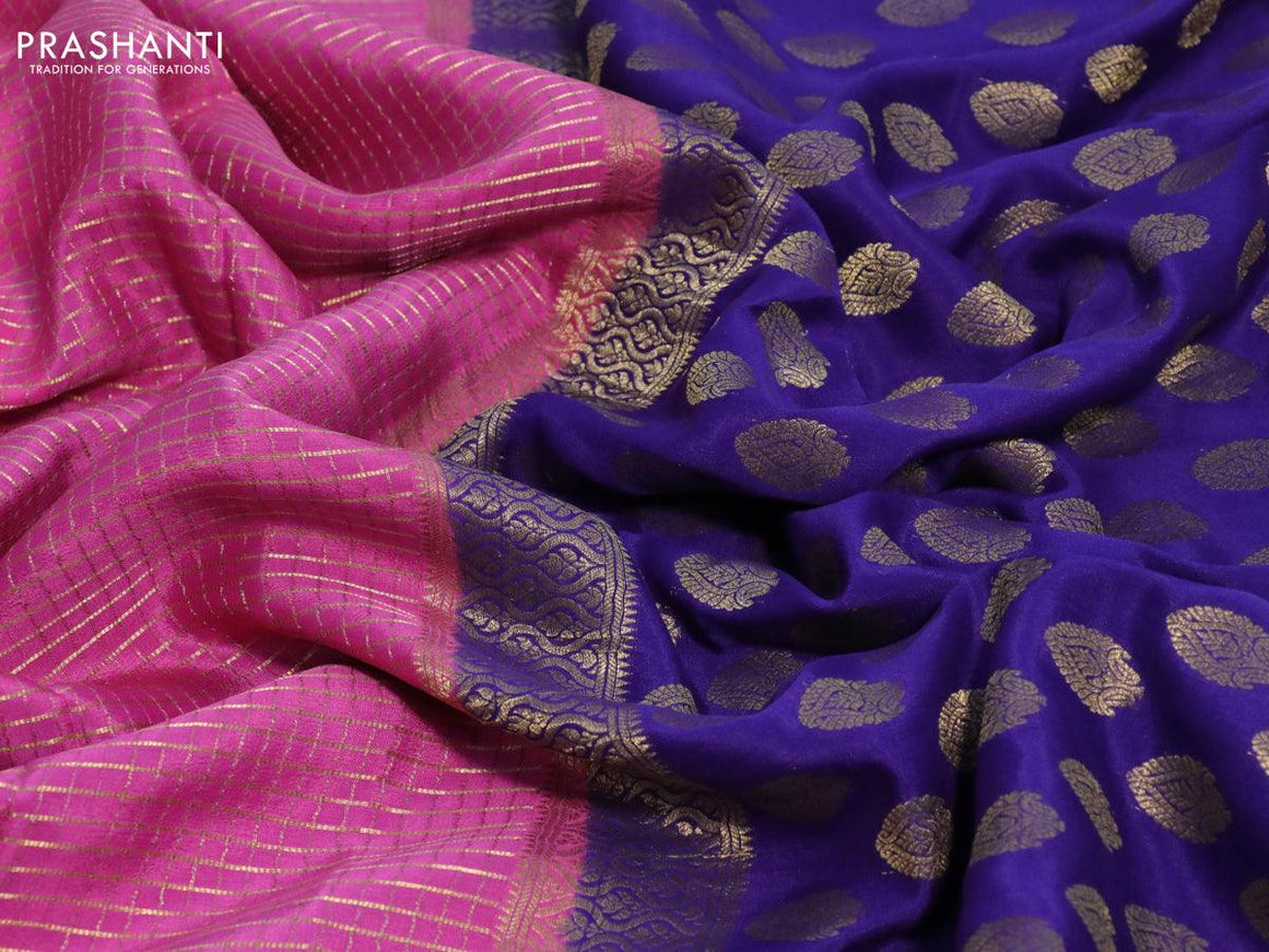 Mysore silk saree pink and blue with allover zari checked pattern and zari woven border