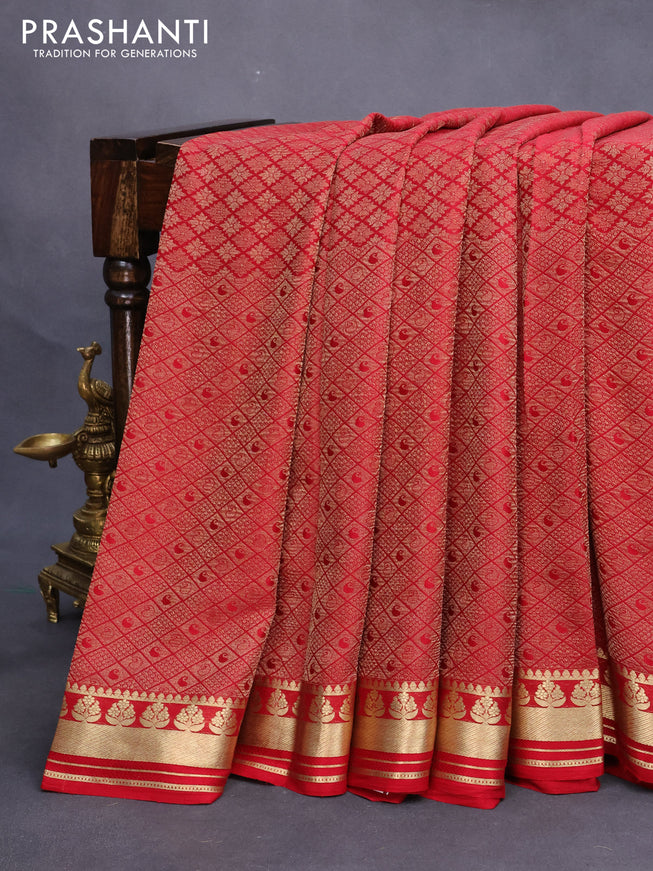 Mysore silk saree red with allover zari woven brocade weaves and zari woven border