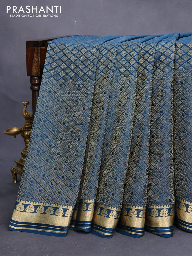 Mysore silk saree peacock blue with allover zari woven brocade weaves and zari woven border