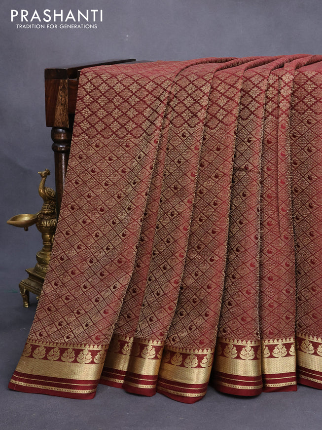Mysore silk saree deep maroon with allover zari woven brocade weaves and zari woven border