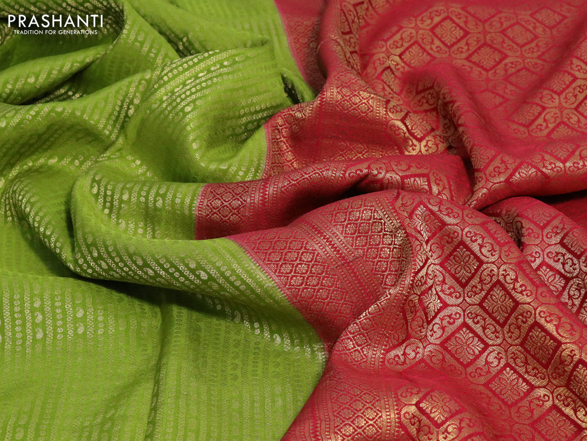 Mysore silk saree light green and red with allover zari woven brocade weaves and zari woven border