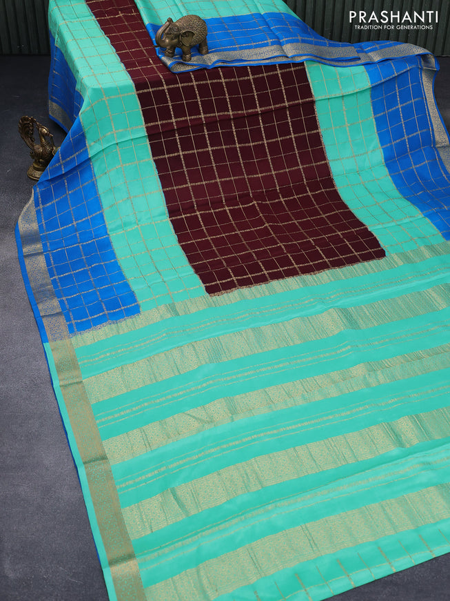 Mysore silk saree deep maroon teal green and cs blue with allover zari checked pattern and zari woven border