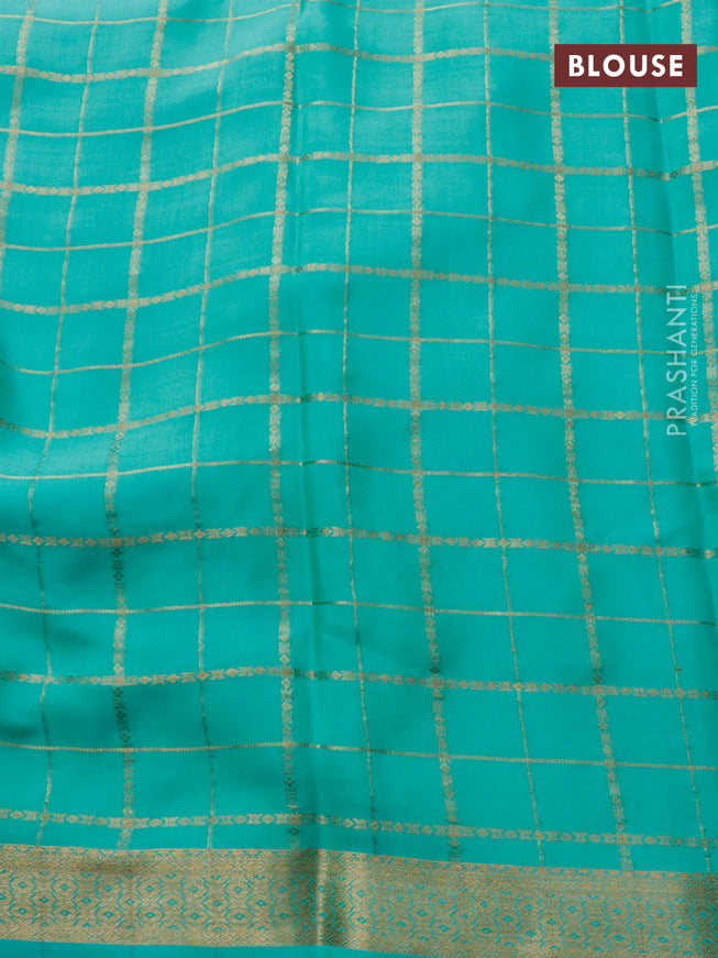 Mysore silk saree deep maroon teal green and cs blue with allover zari checked pattern and zari woven border
