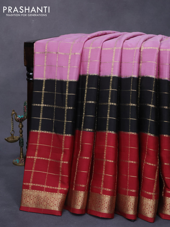 Mysore silk saree mild purple black and maroon with allover zari checked pattern and zari woven border